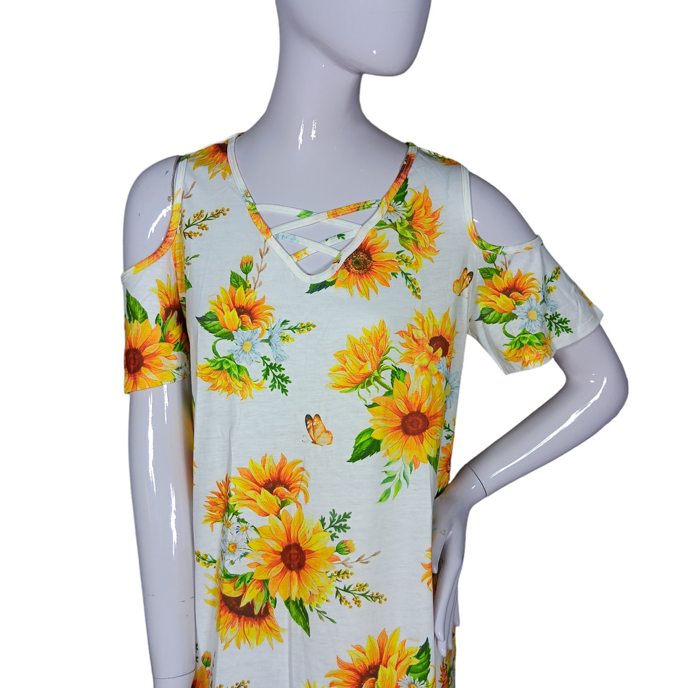 Pinup Fashion Mini Dress Size Medium White with Sunflower Print Lace Up Neckline - Picture 2 of 8